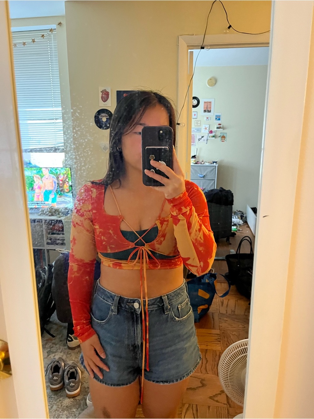 Jaded London Red and Yellow Tie-Dye Tie-Front Long Sleeve Crop Top